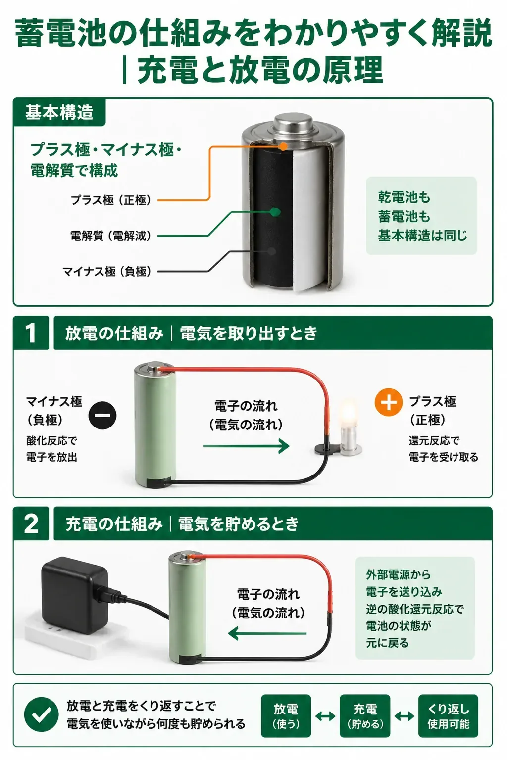 蓄電池の充電と放電で電子が流れる仕組みの図解