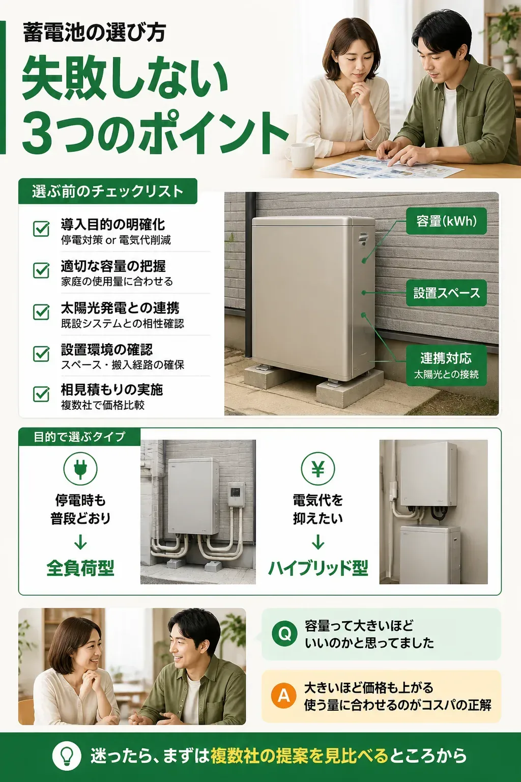 蓄電池の選び方3つのポイントを示した図解
