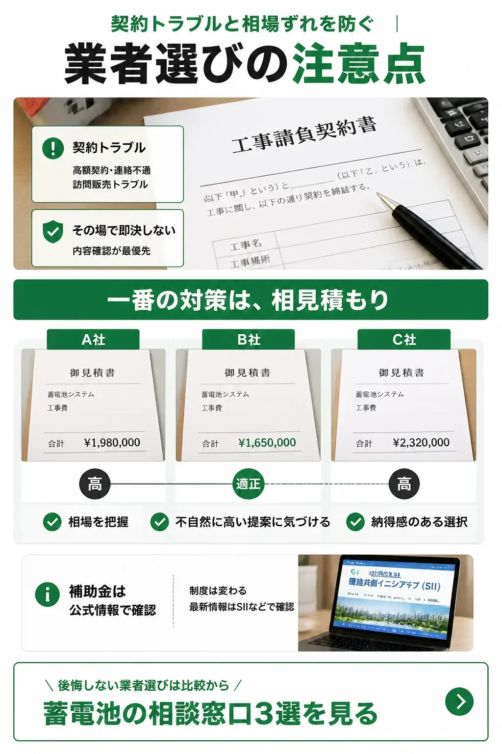 後悔しない蓄電池の業者選びの手順を示す図解