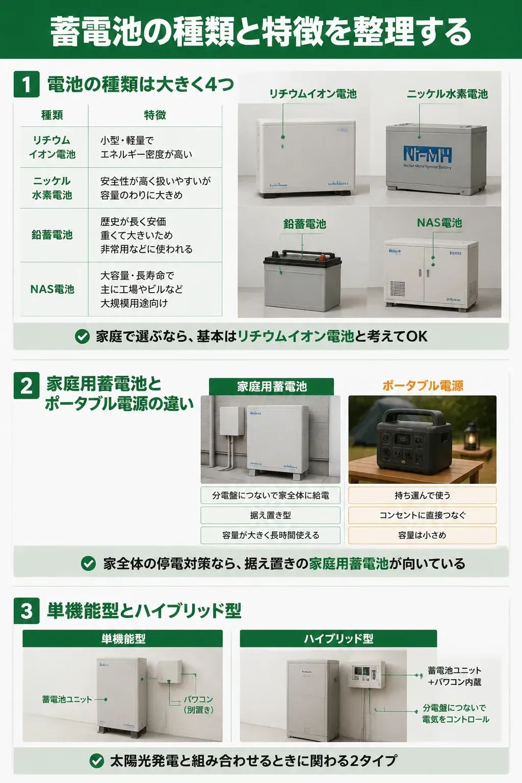 蓄電池の種類とシステムの分類を整理した図解