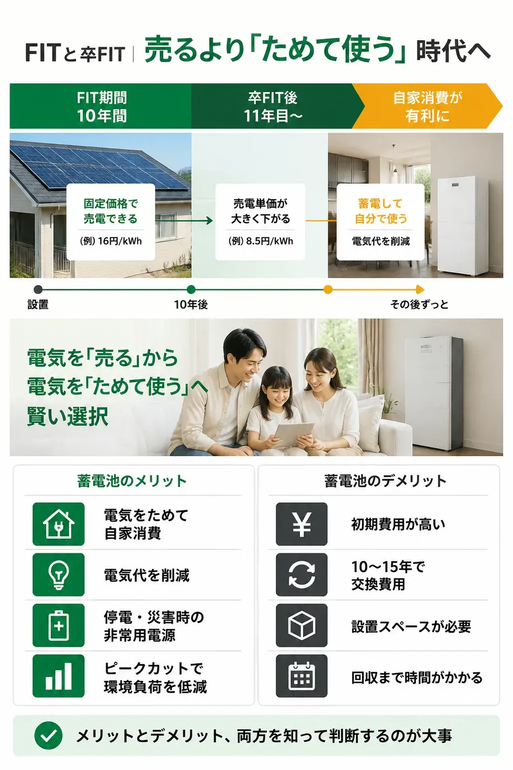 FITから卒FITへの変化と蓄電池の自家消費メリットを示すタイムライン図解