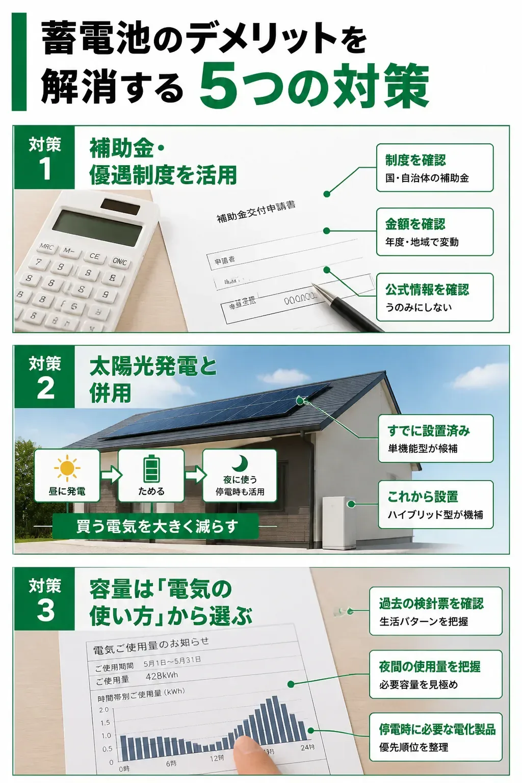 蓄電池のデメリットと対策の対応関係を示す図解
