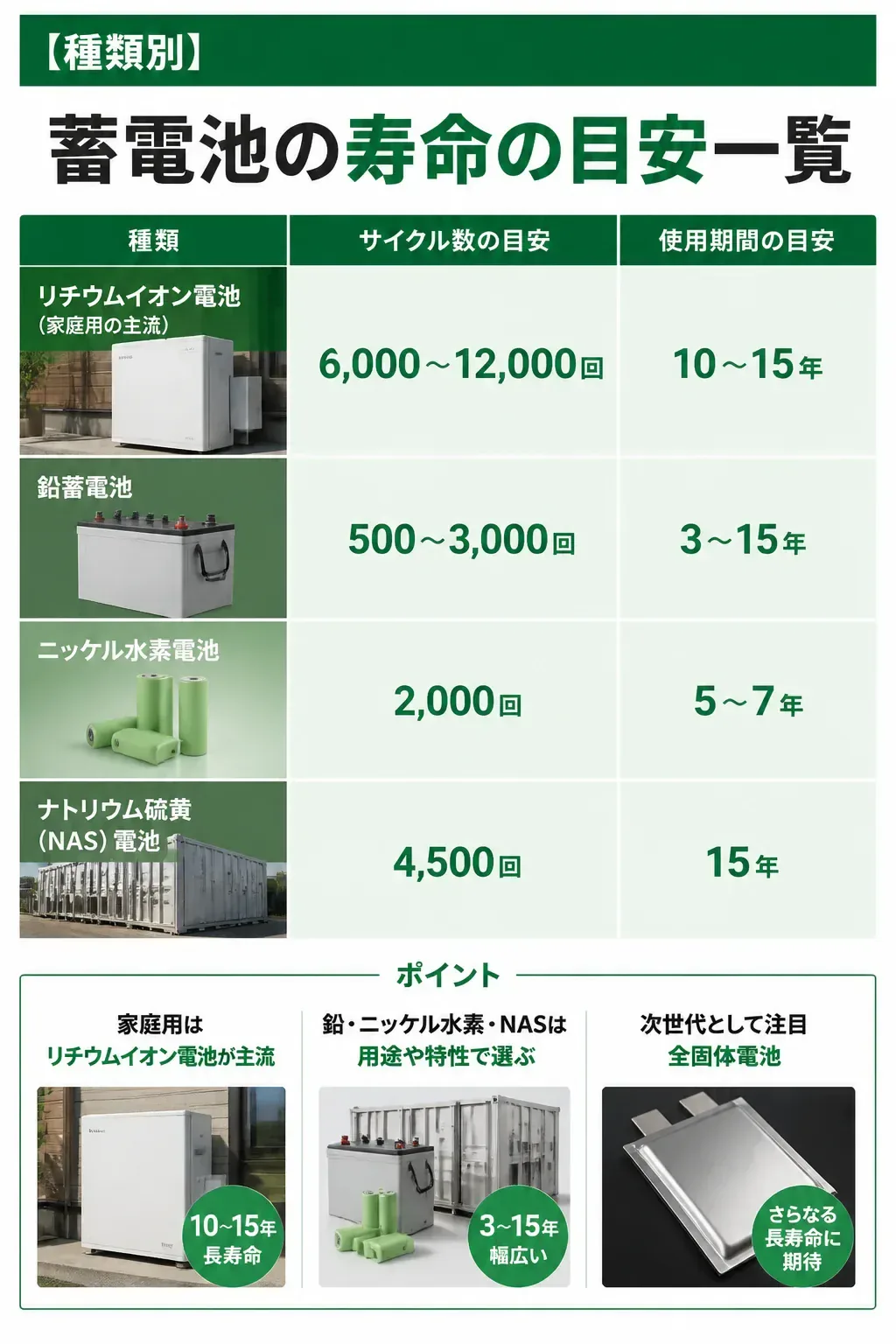 蓄電池の種類別の寿命を比較した図解