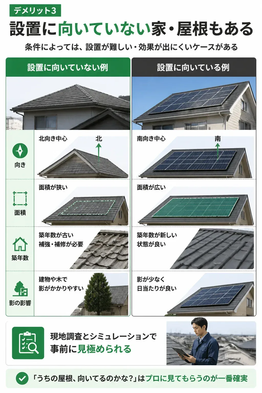 設置に向く屋根と向かない屋根の比較図