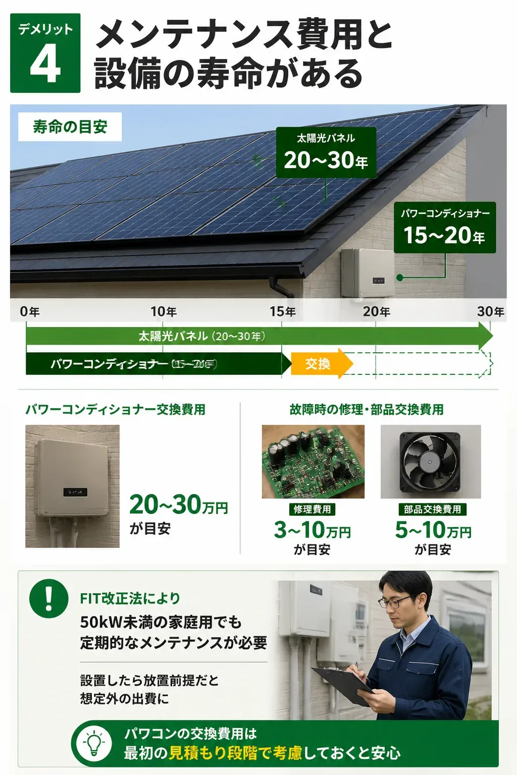 太陽光発電設備の寿命とメンテナンス時期のタイムライン図解