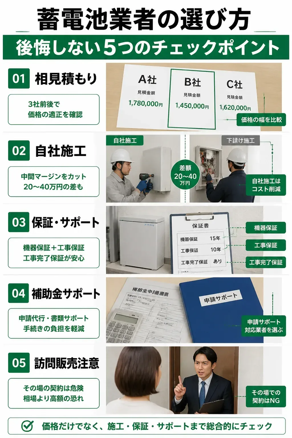 蓄電池業者の選び方5つのチェックポイントの図解