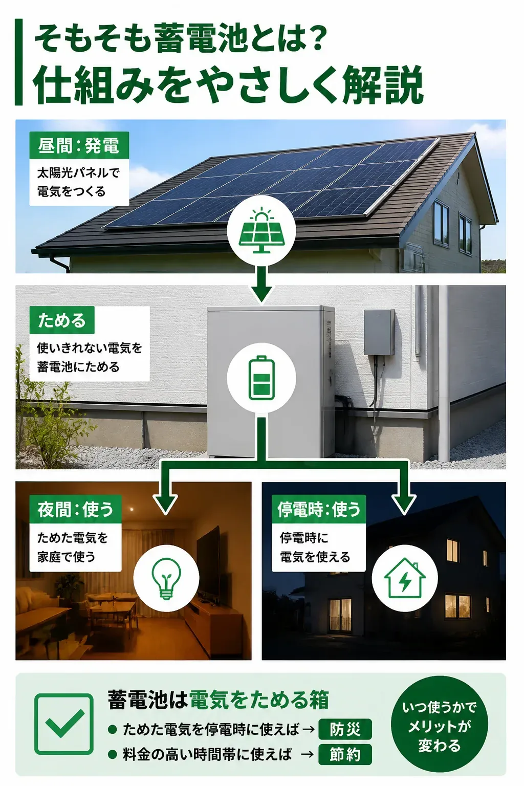 家庭用蓄電池の仕組みと電気の流れを示す図解