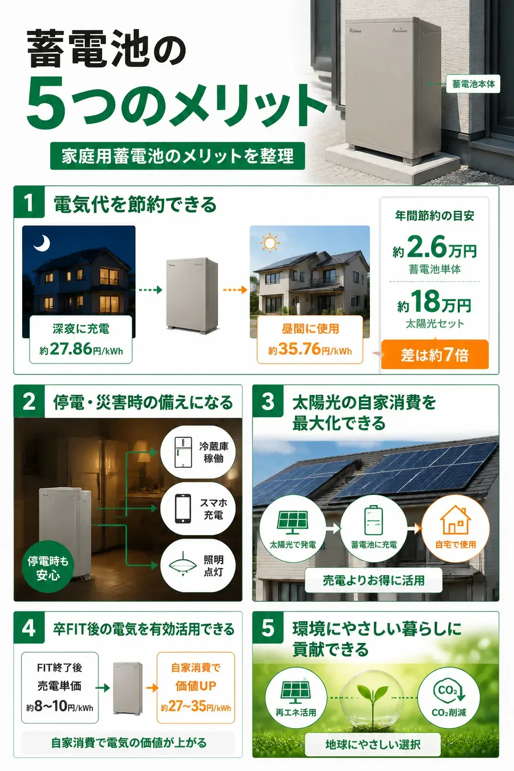 家庭用蓄電池の5つのメリットをまとめた図解