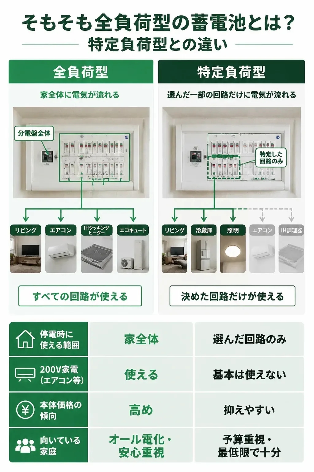 全負荷型と特定負荷型のバックアップ範囲の違いを示す図解