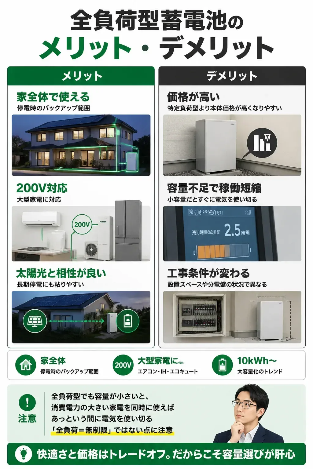 全負荷型蓄電池のメリットとデメリットの対比図