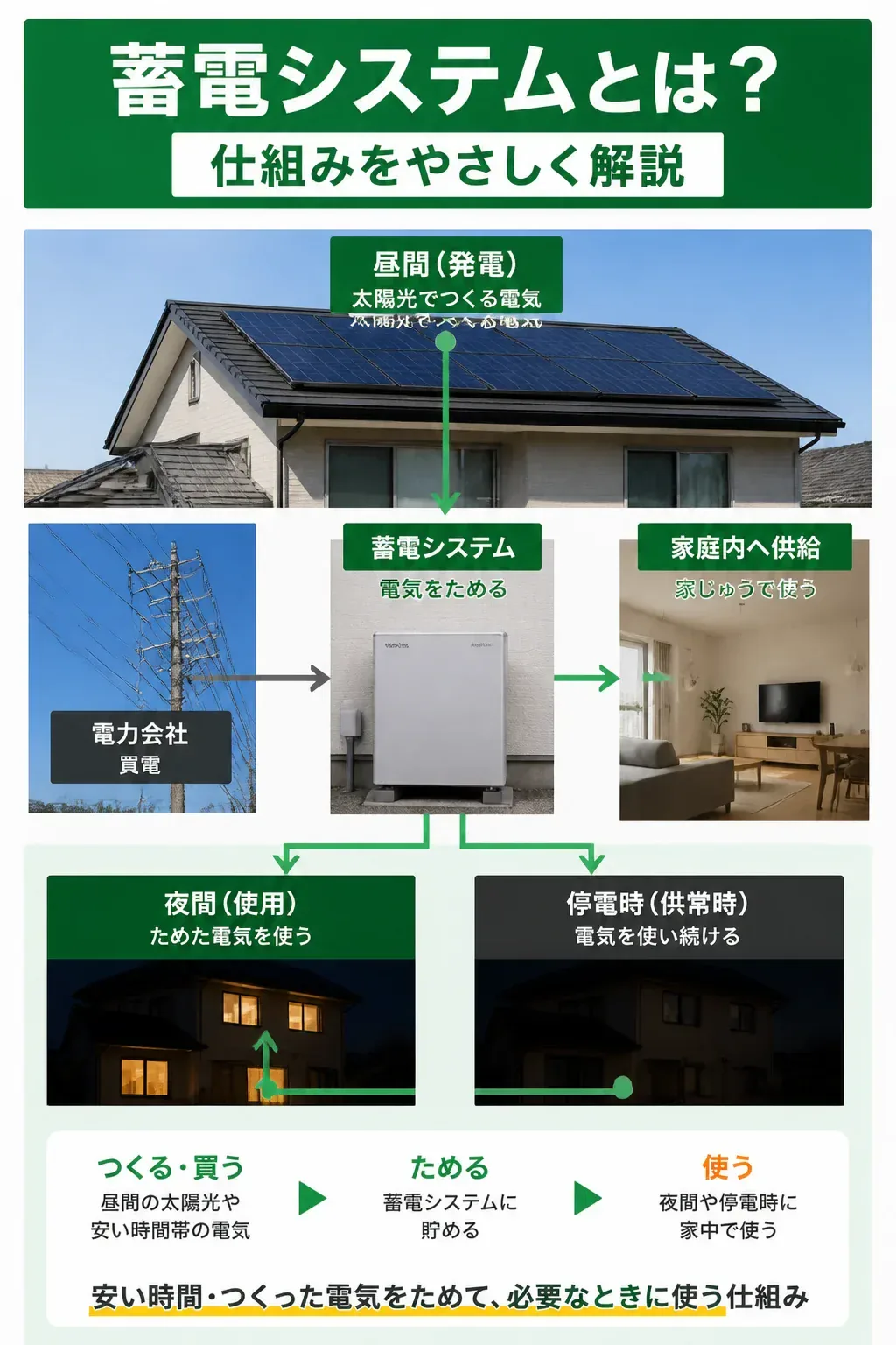 太陽光発電から蓄電池を経て家庭で電気を使う仕組みの図解