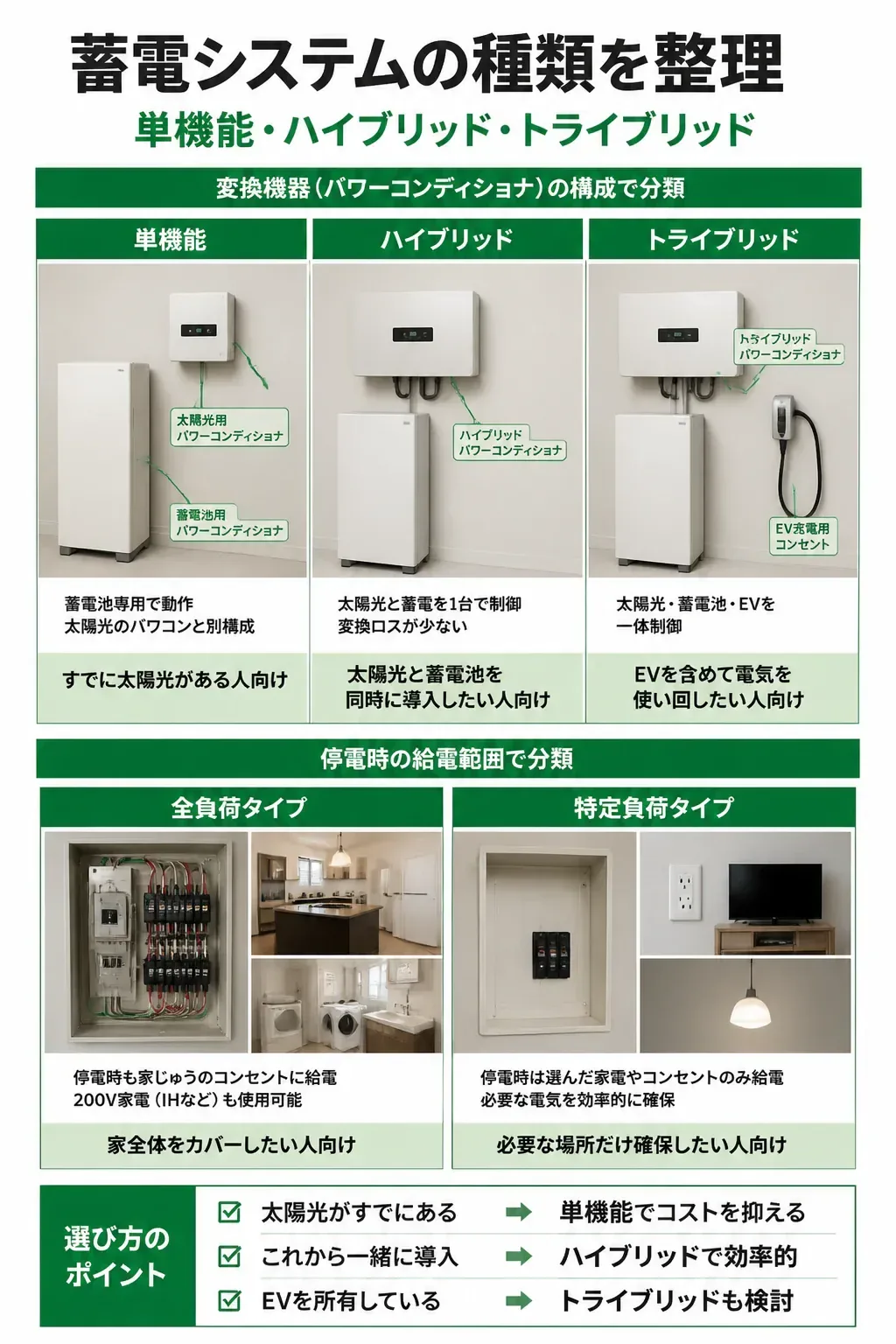 蓄電システムの種類（単機能・ハイブリッド・トライブリッド／全負荷・特定負荷）の分類図