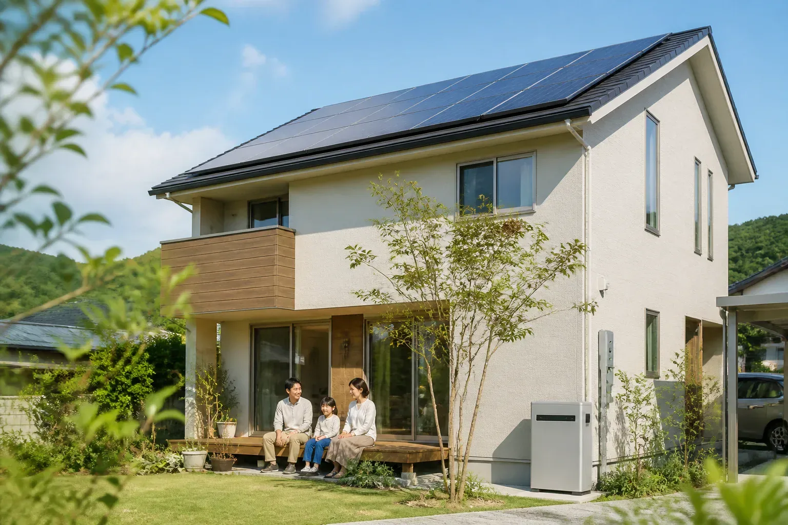 太陽光パネルと家庭用蓄電池を設置した住宅のイメージ