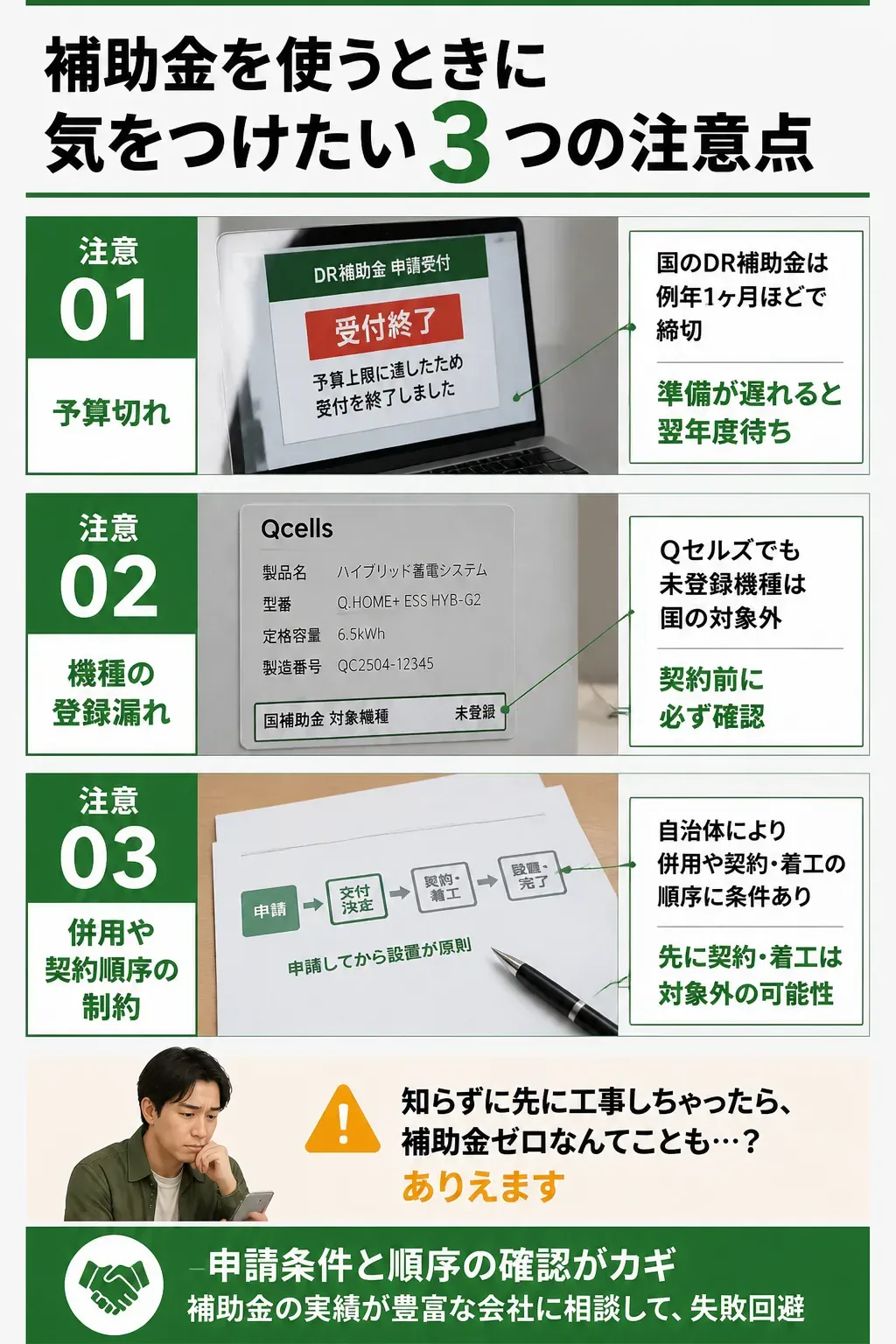 補助金申請で気をつけたい3つの注意点を示す図解