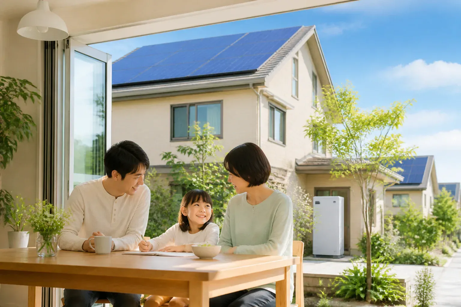 太陽光と蓄電池のある住宅の暮らしのイメージ