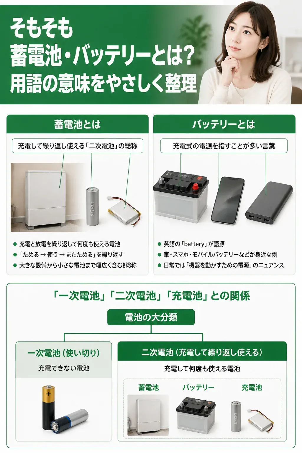 一次電池と二次電池の分類と蓄電池の位置づけを示す図解