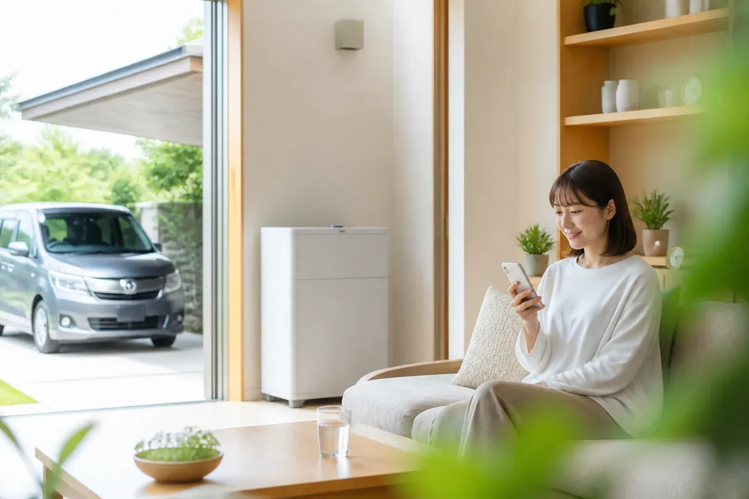 家庭用蓄電池と車・スマホがある暮らしのイメージ