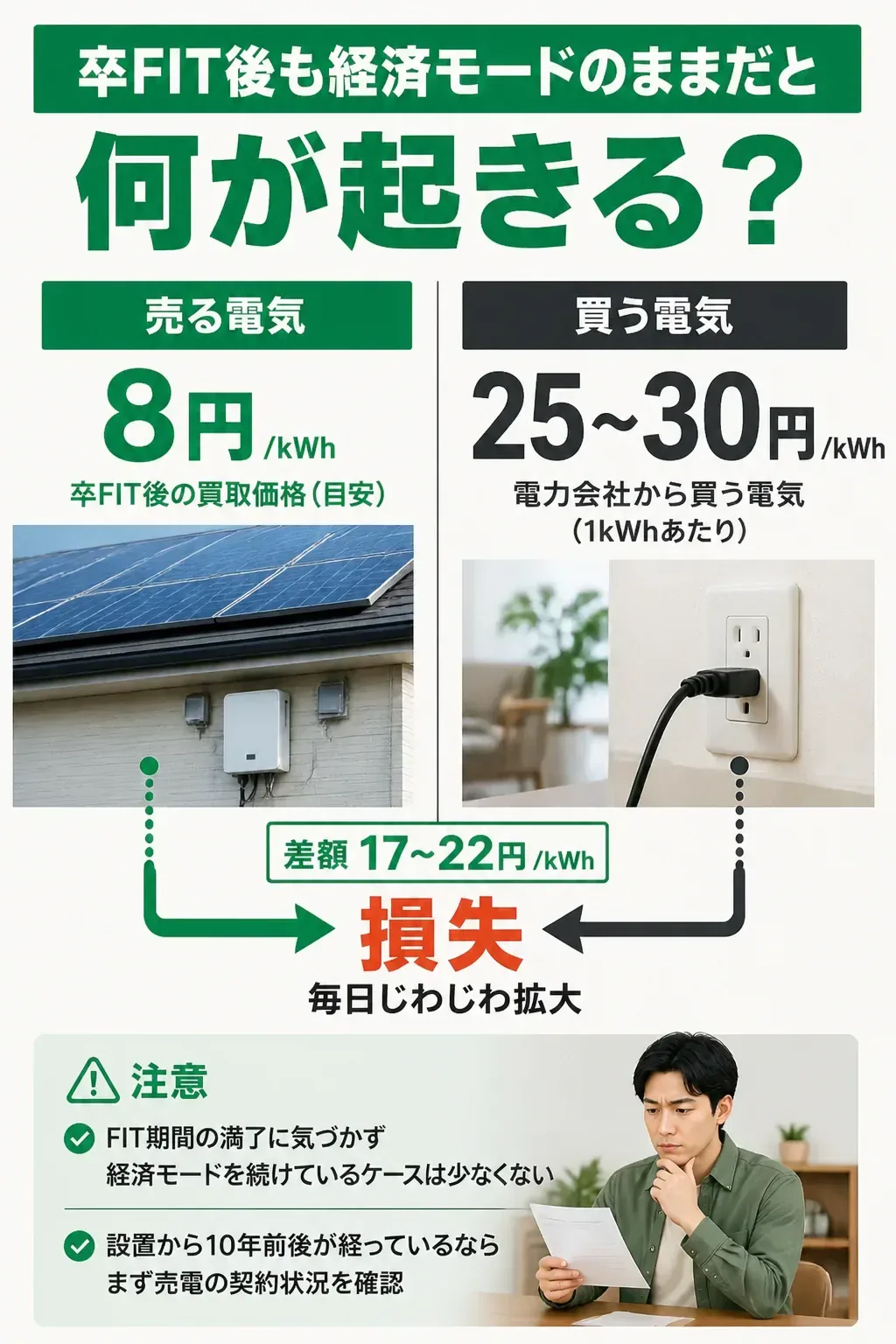 卒FIT後の売電単価と買電単価の差を示した比較図