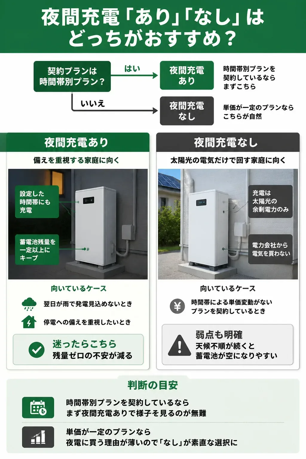 夜間充電のあり・なしを選ぶ判断フローチャート