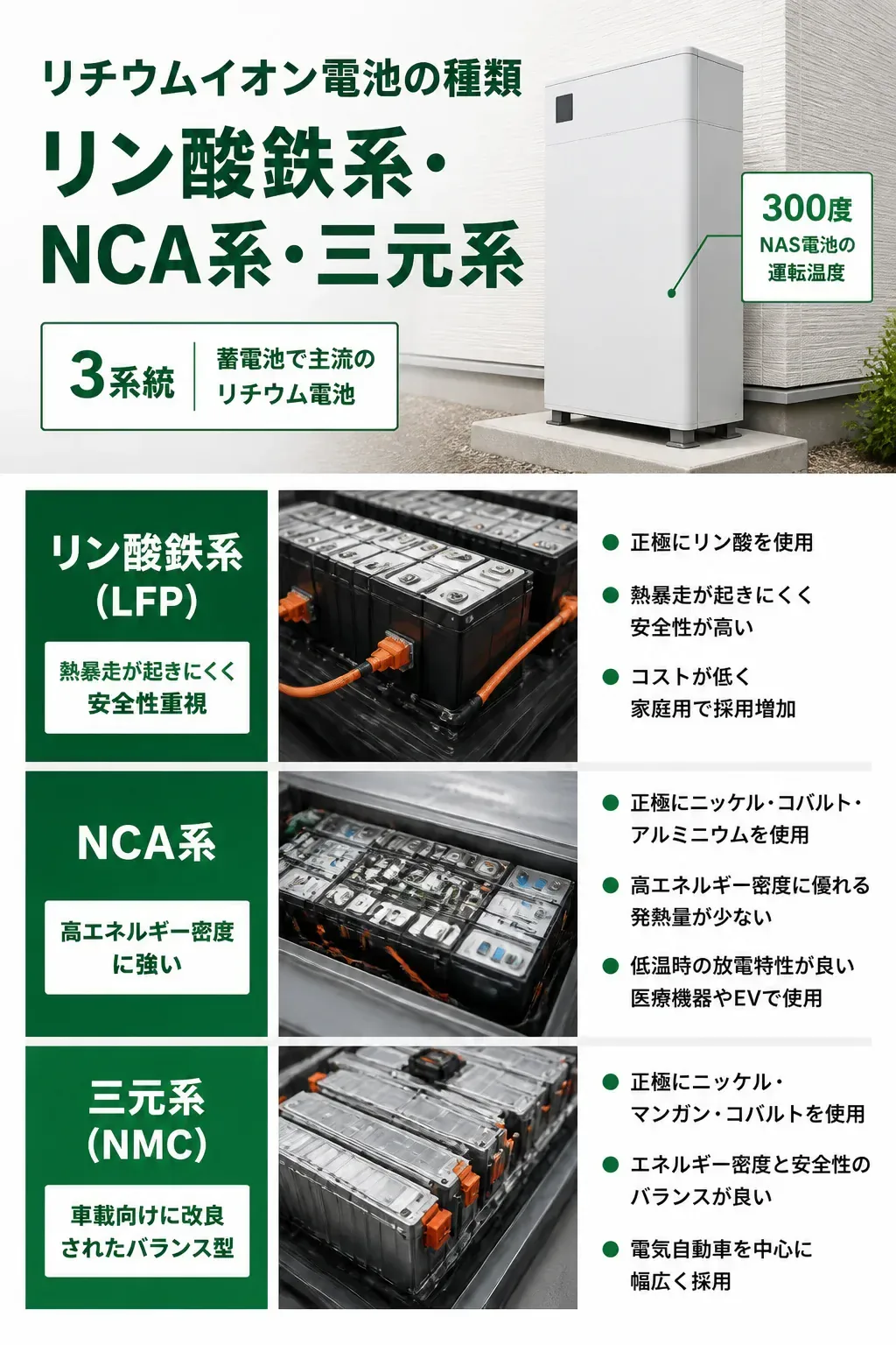 リチウムイオン電池の主要3系統を比較した図解