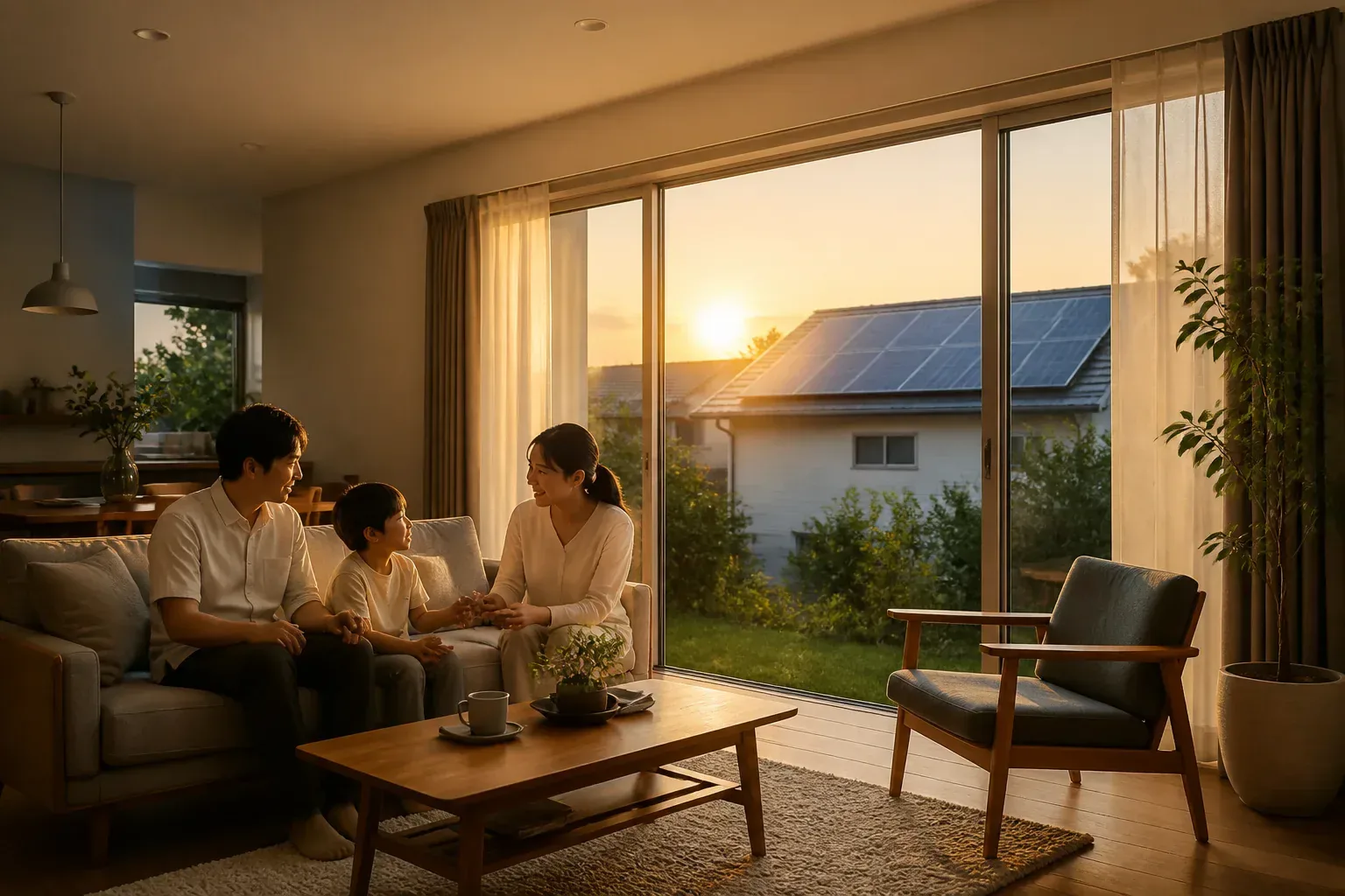 太陽光発電と蓄電池のある住宅の夕方のイメージ