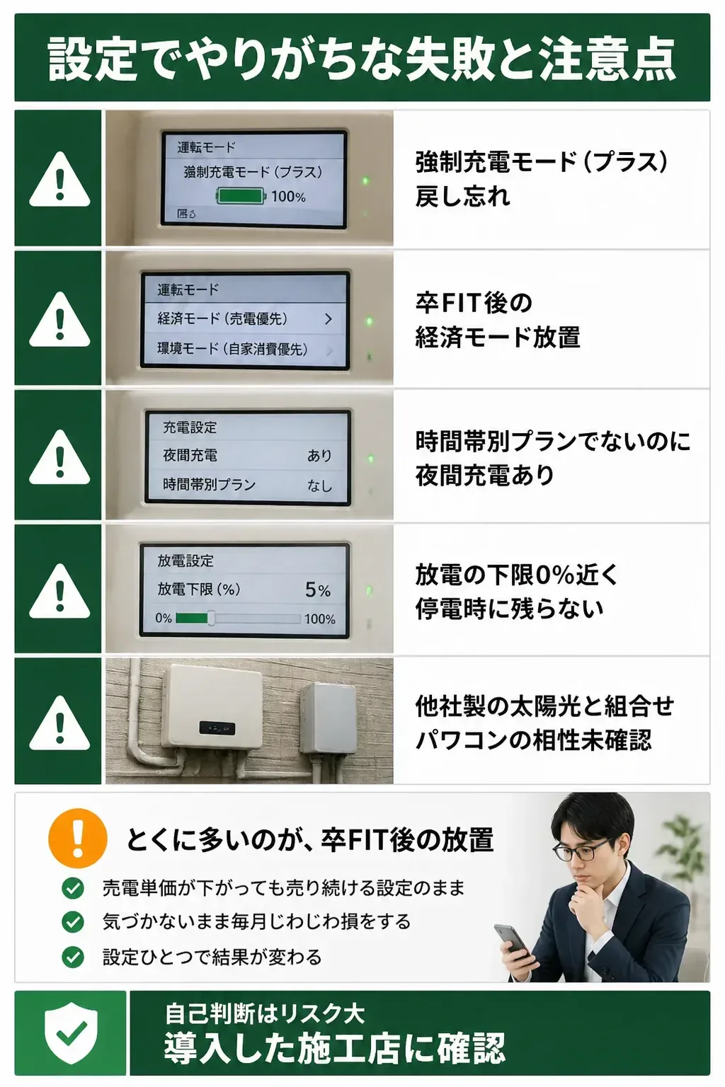 蓄電池の設定でやりがちな失敗を並べた注意喚起の図解