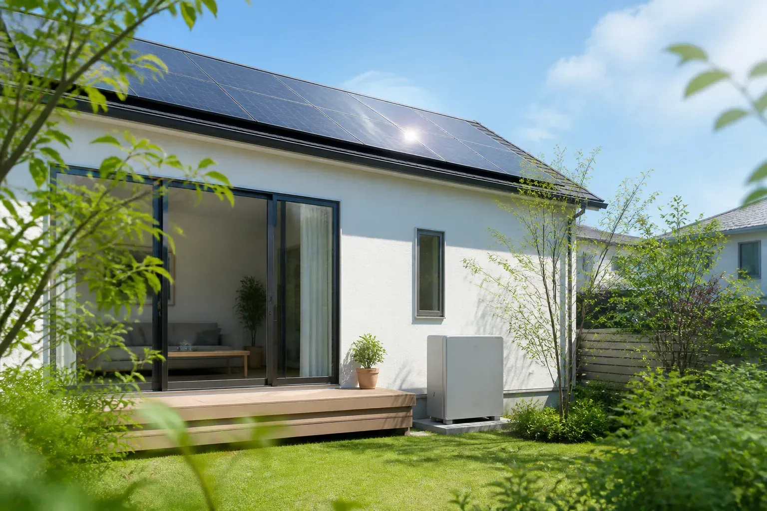 ソーラーパネルと蓄電池のある戸建て住宅のイメージ