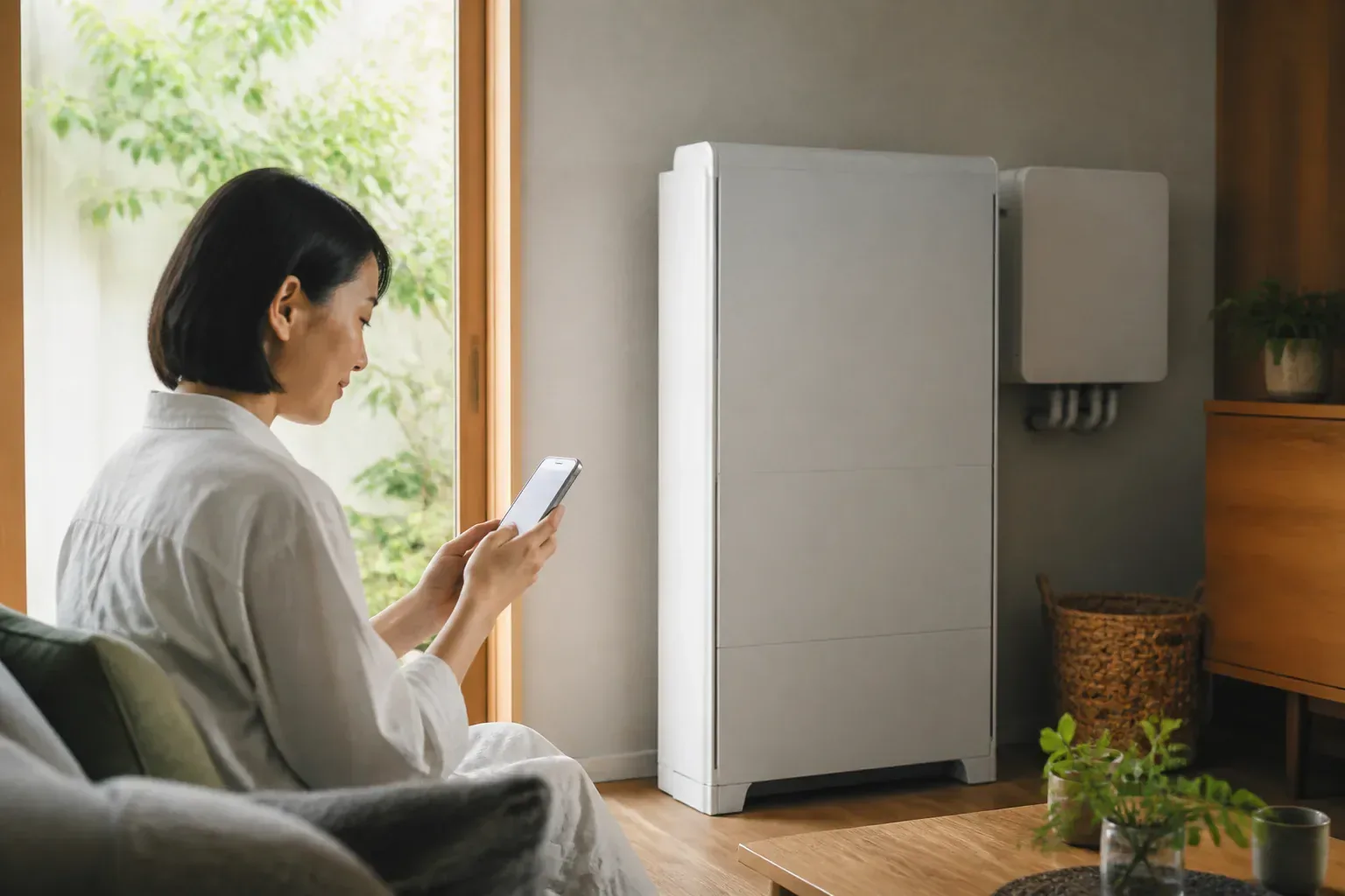 自宅の蓄電システムをスマートフォンで操作するイメージ