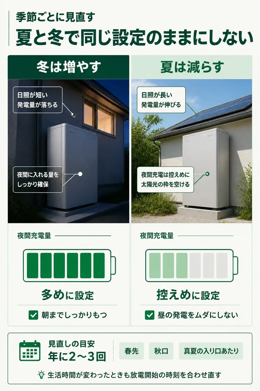 夏と冬で夜間充電量を変える考え方を示す図解