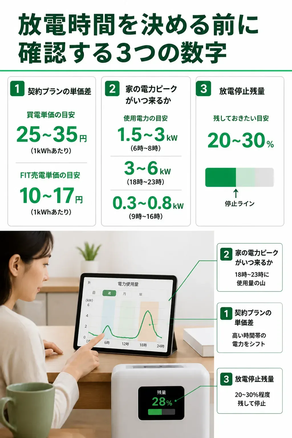 放電時間を決める前に確認する3つの数字を整理した図