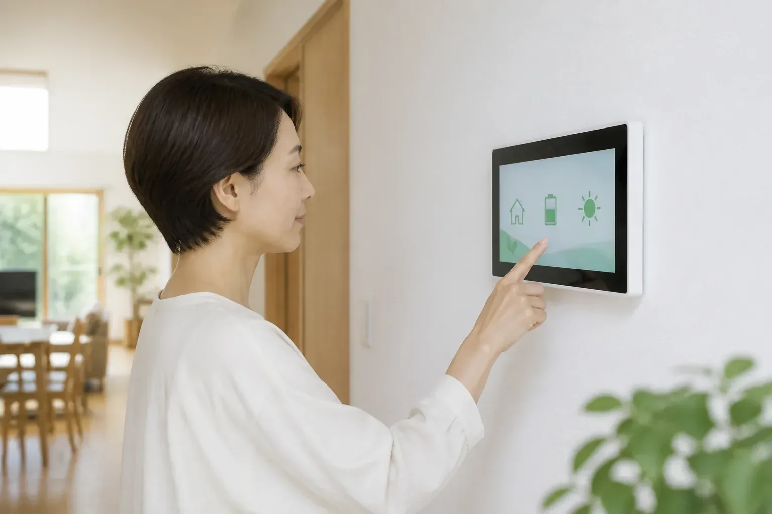 住宅に設置された蓄電池のモニターを操作するイメージ