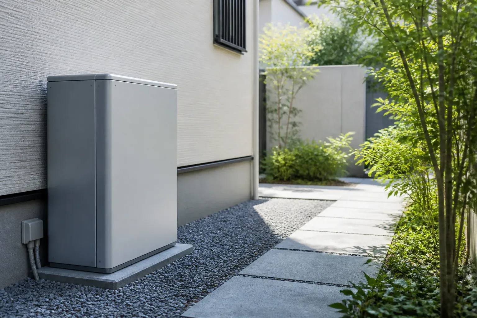 日陰に設置された家庭用蓄電池の屋外ユニットのイメージ