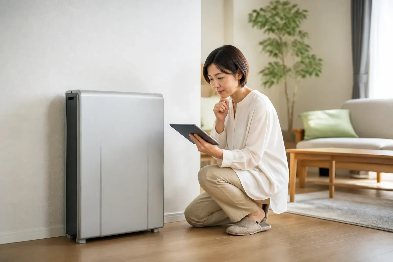 自宅の蓄電池のモニターを確認するイメージ