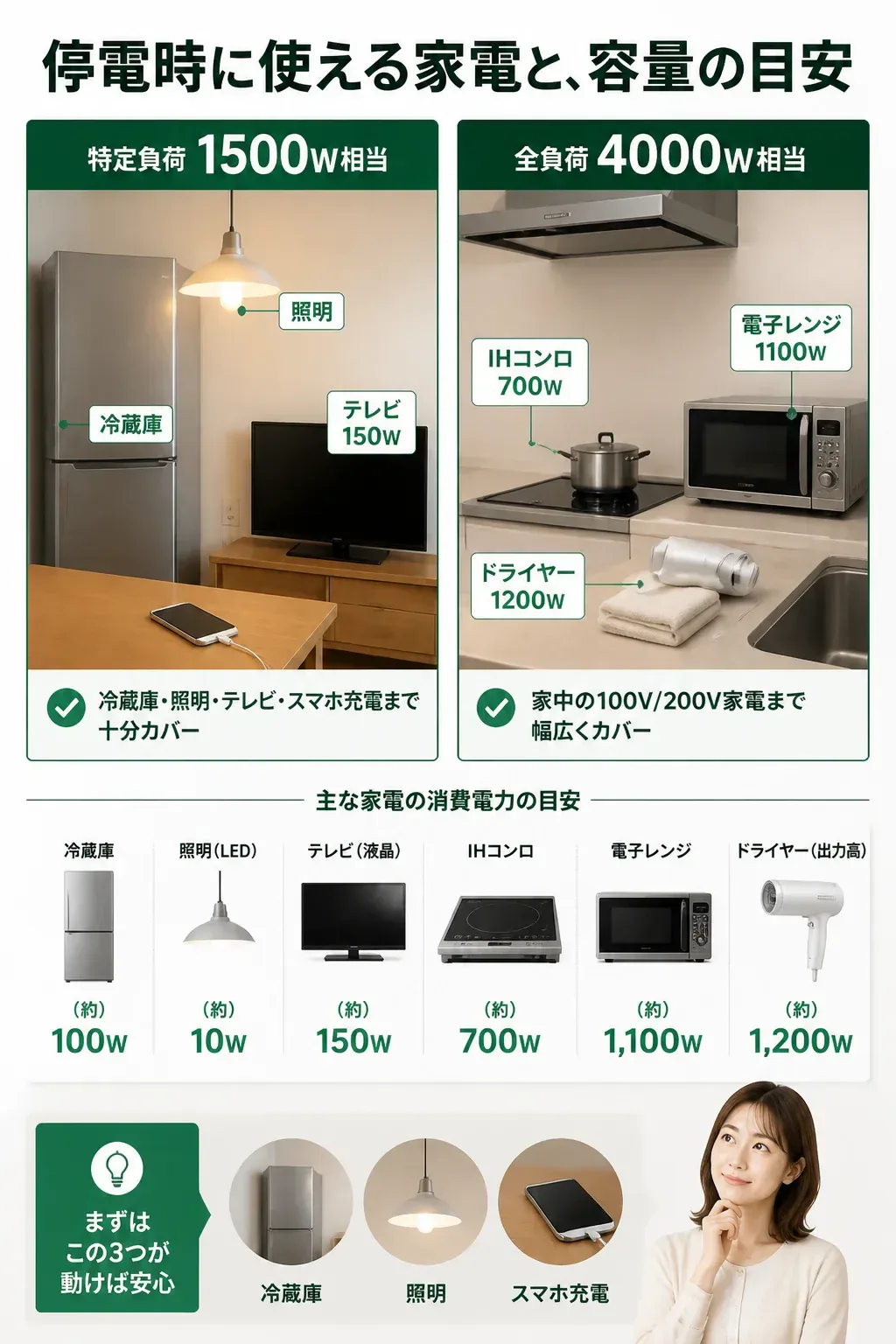 特定負荷型と全負荷型で停電時に使える家電の違いを示す図