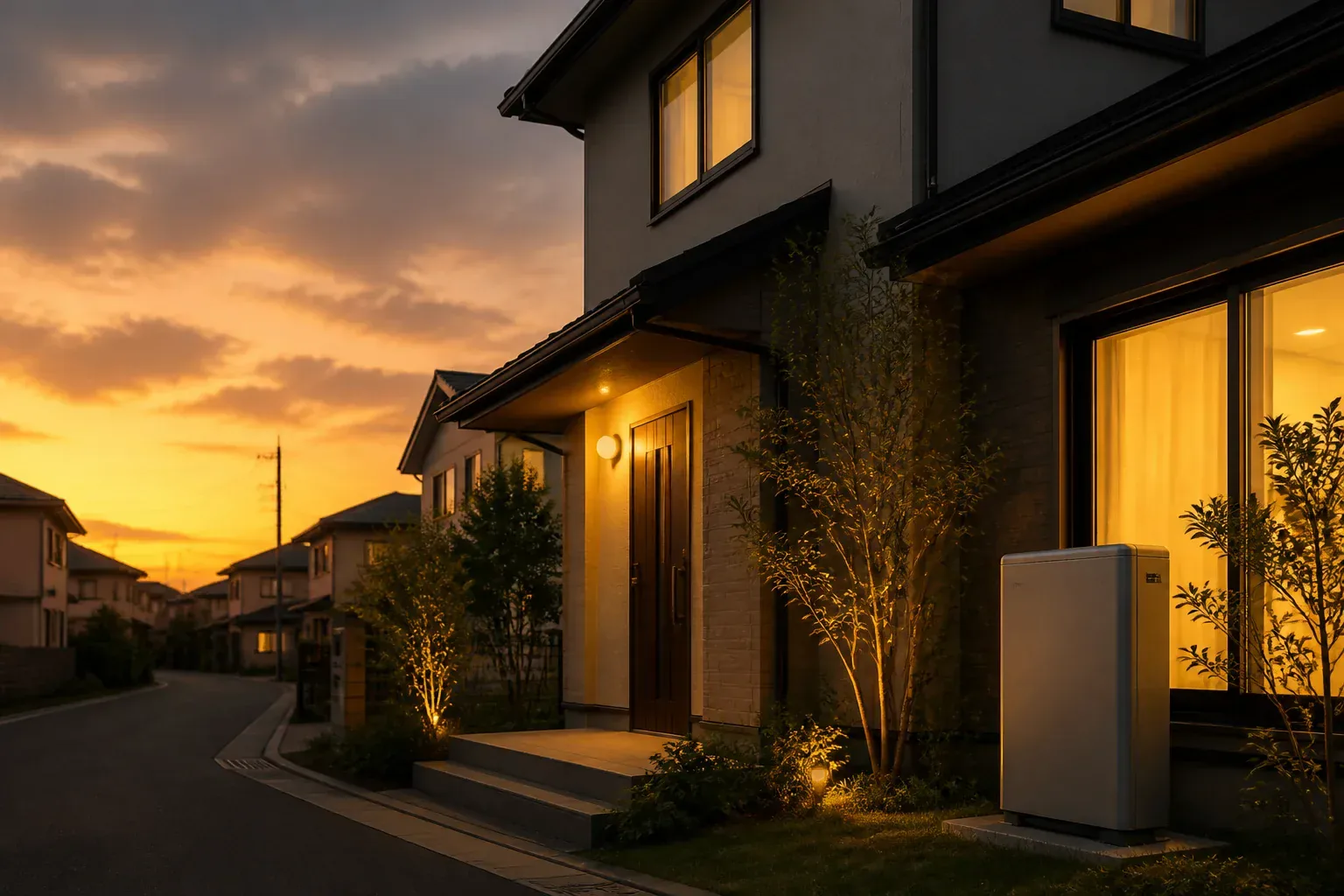 夕暮れの住宅と蓄電池のイメージ
