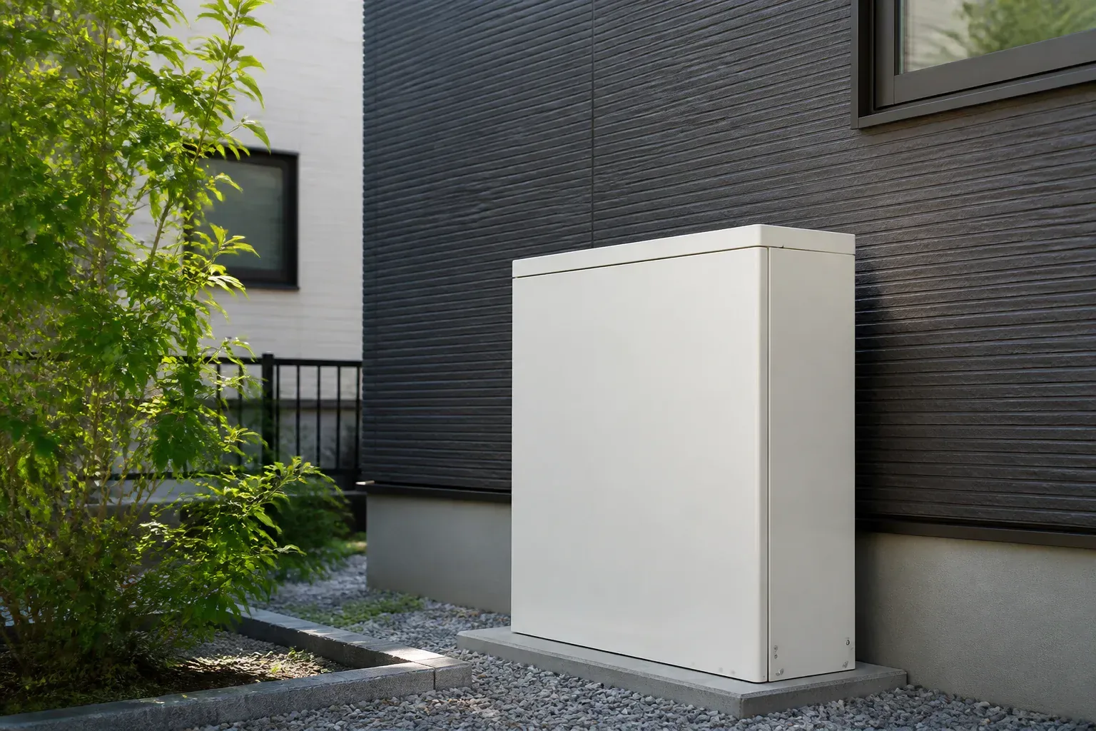住宅の壁際に設置された家庭用蓄電池のイメージ