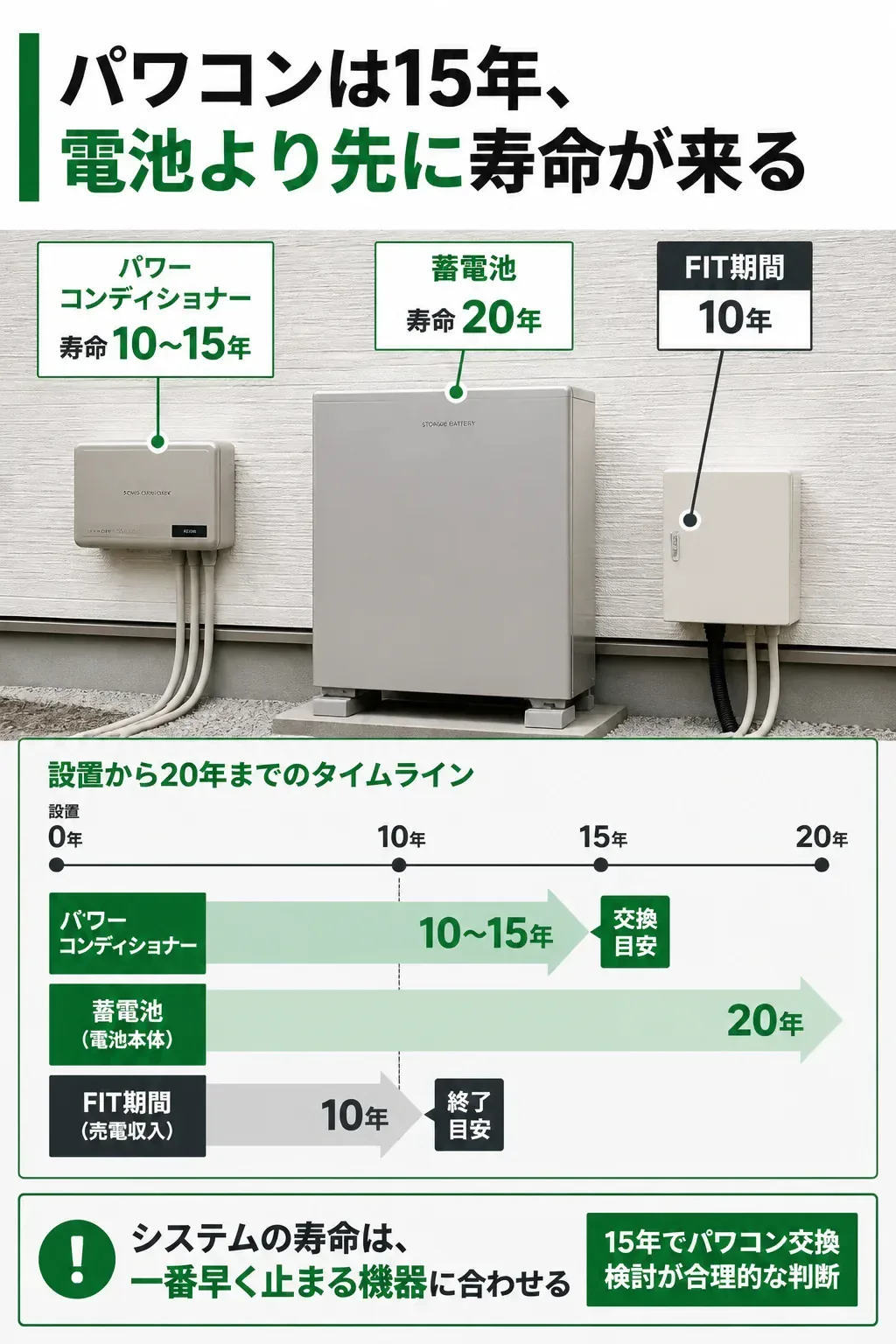 電池とパワコンとFIT期間の年数を並べたタイムライン図