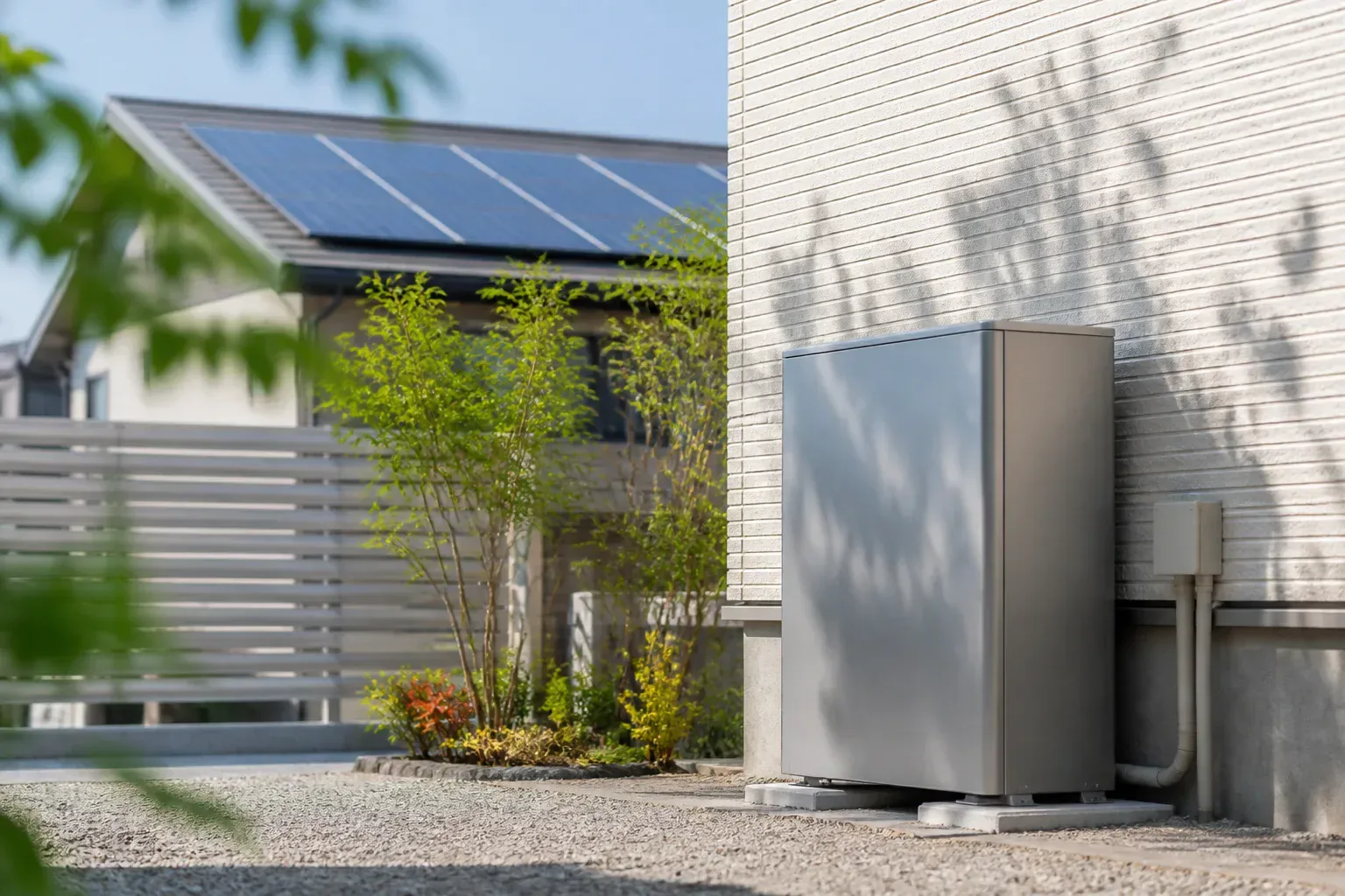 住宅の外壁沿いに設置された家庭用蓄電池のイメージ