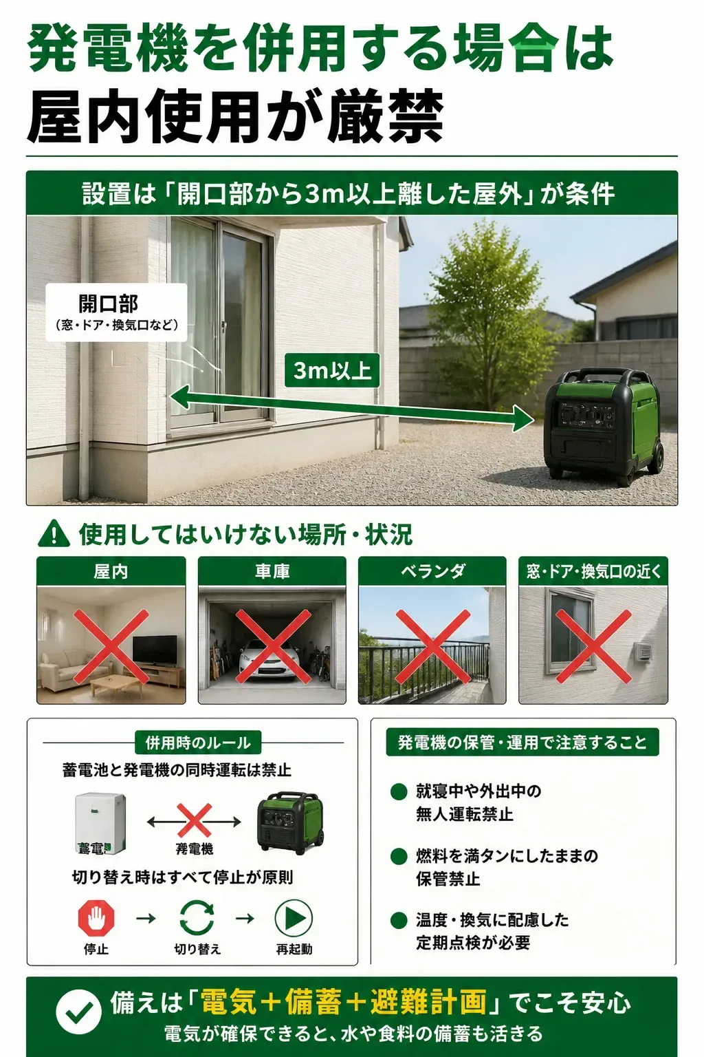 発電機を安全に設置する位置と禁止場所を示した図解