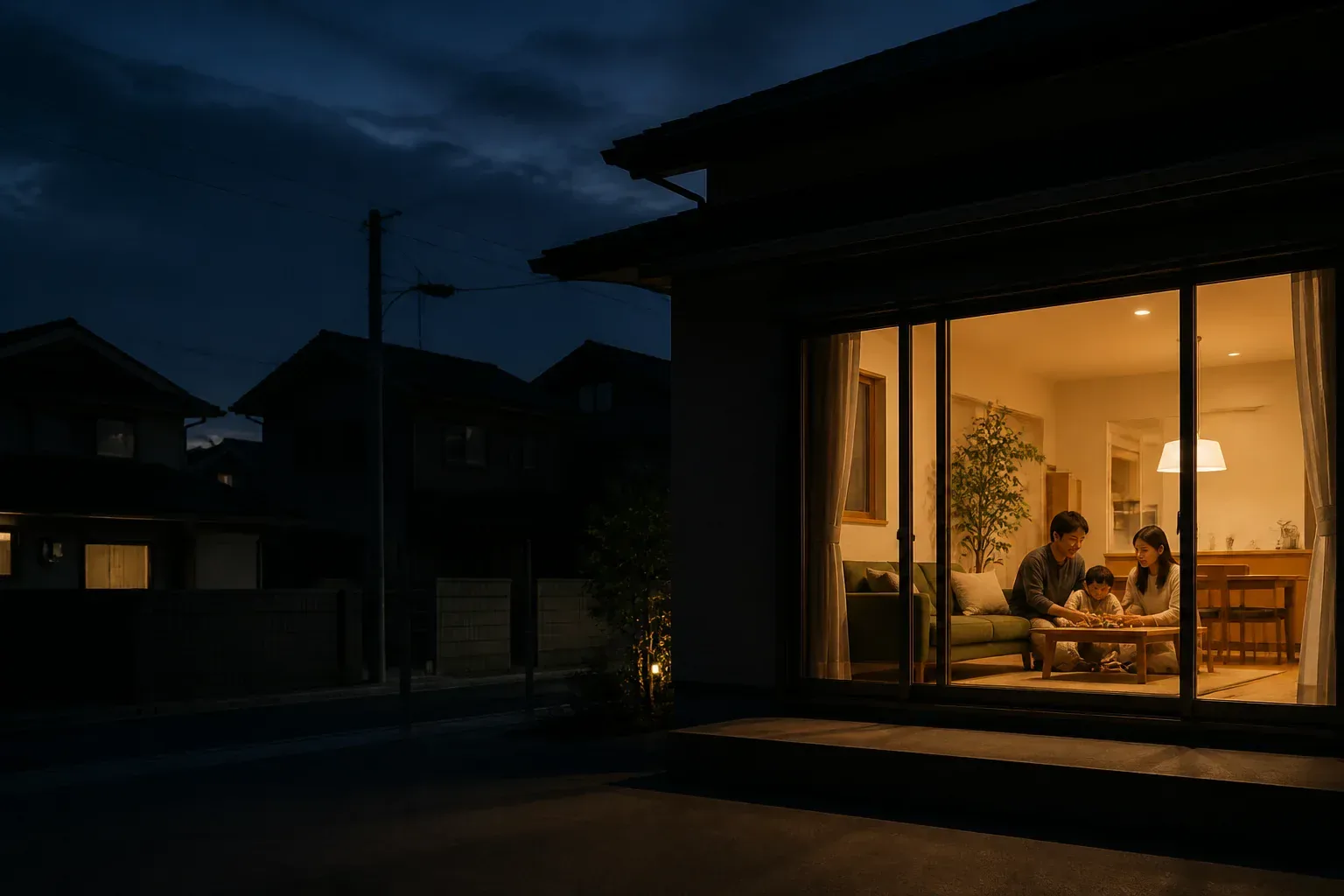 停電の夜に灯りがついている住宅のイメージ