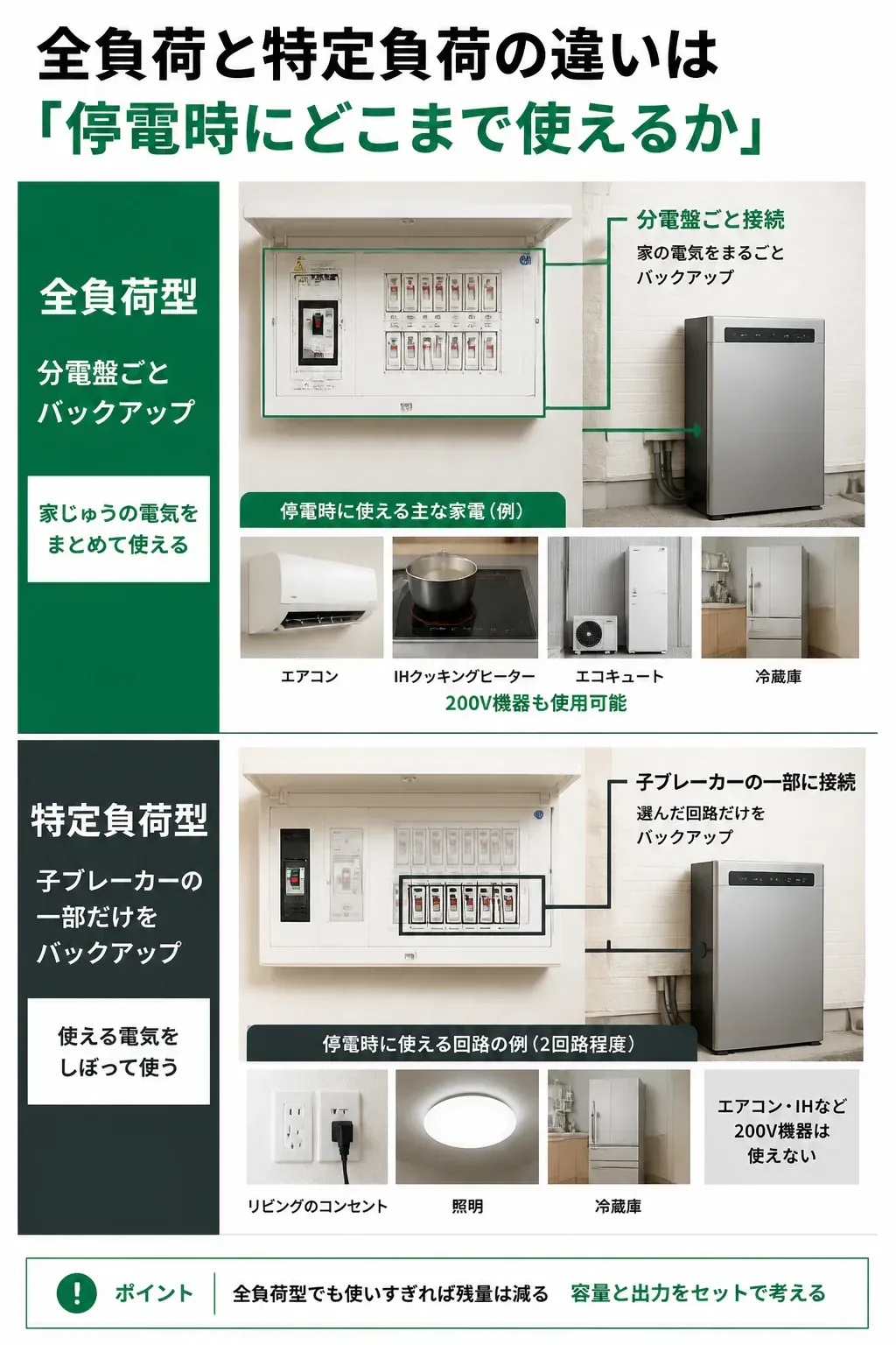 全負荷型と特定負荷型で停電時に使える範囲を比べた図解