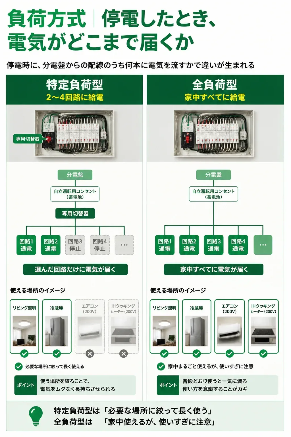 特定負荷型と全負荷型で停電時に通電する回路の違いを示す図解