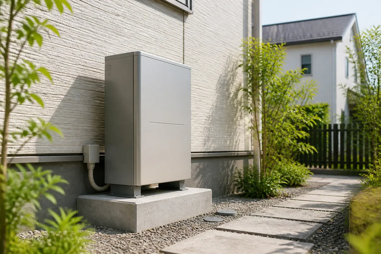 住宅の屋外に基礎を上げて設置された家庭用蓄電池のイメージ