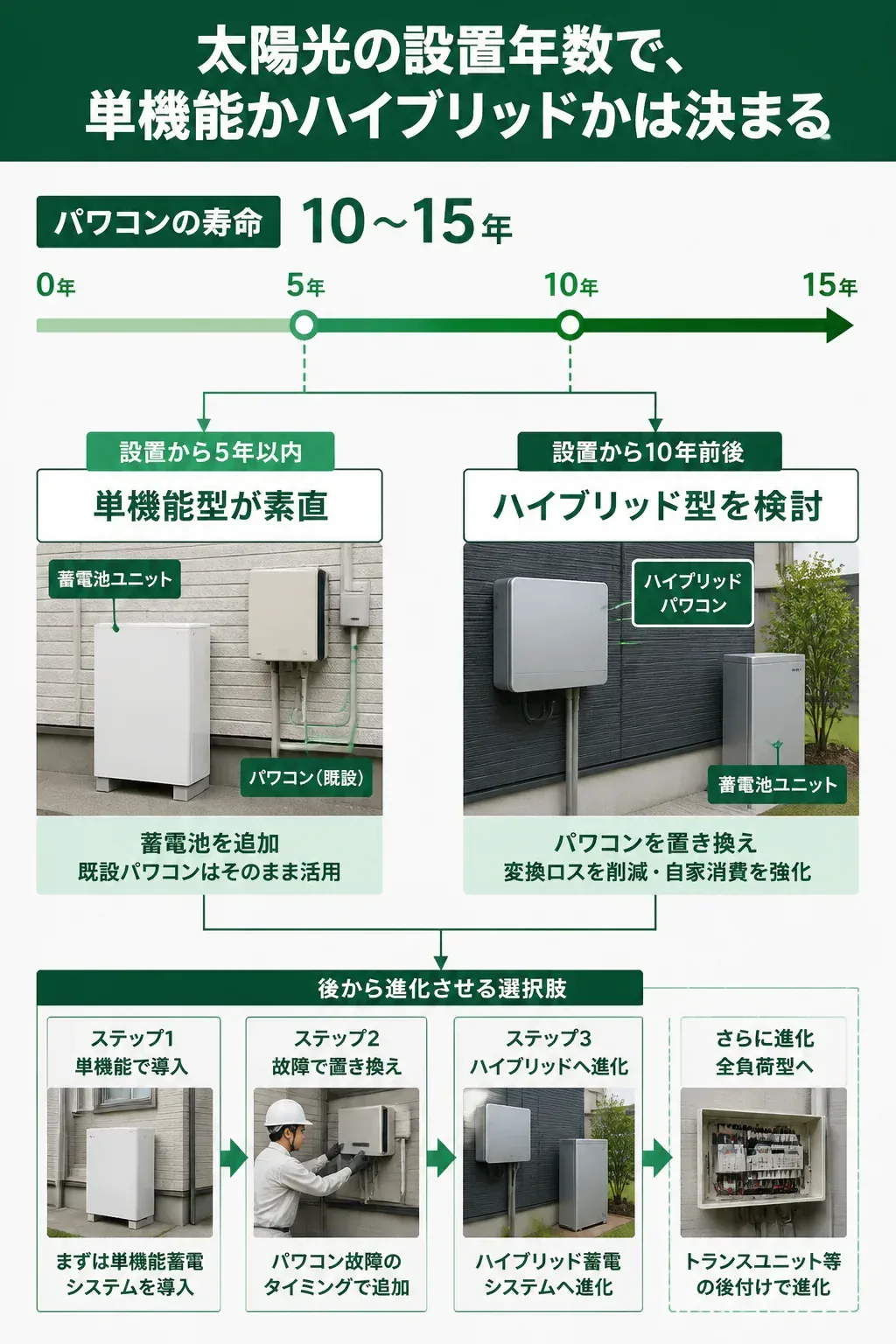 太陽光の設置年数から単機能かハイブリッドかを判断するフロー図