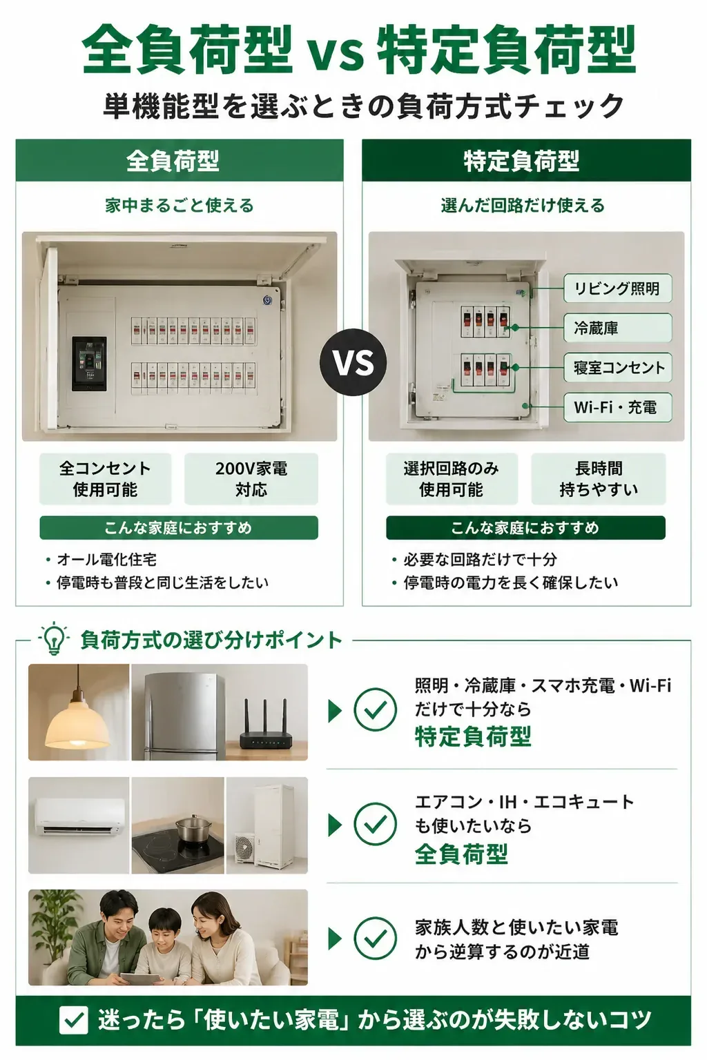 全負荷型と特定負荷型の停電時の使える範囲比較図