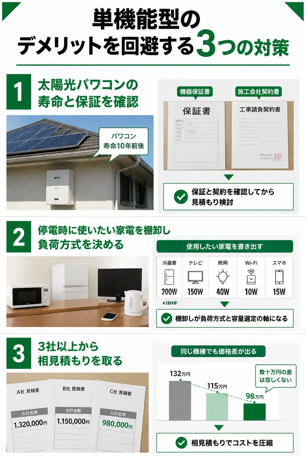 単機能型蓄電池のデメリット回避3ステップ図