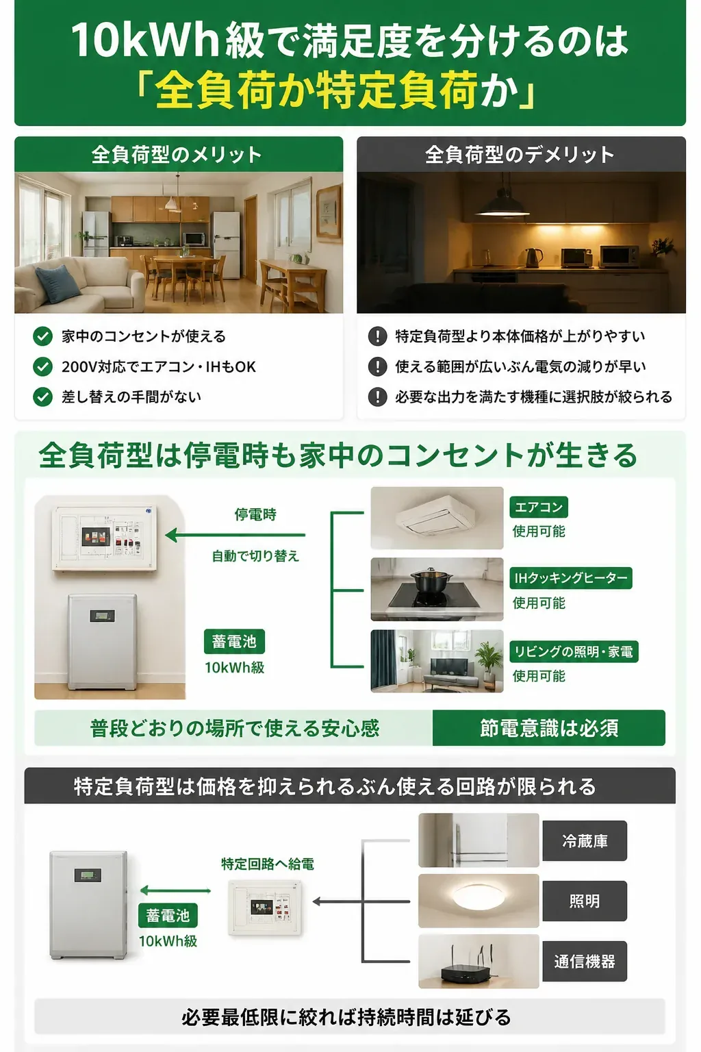 全負荷型と特定負荷型で停電時に電気が届く範囲の違いを示す図解