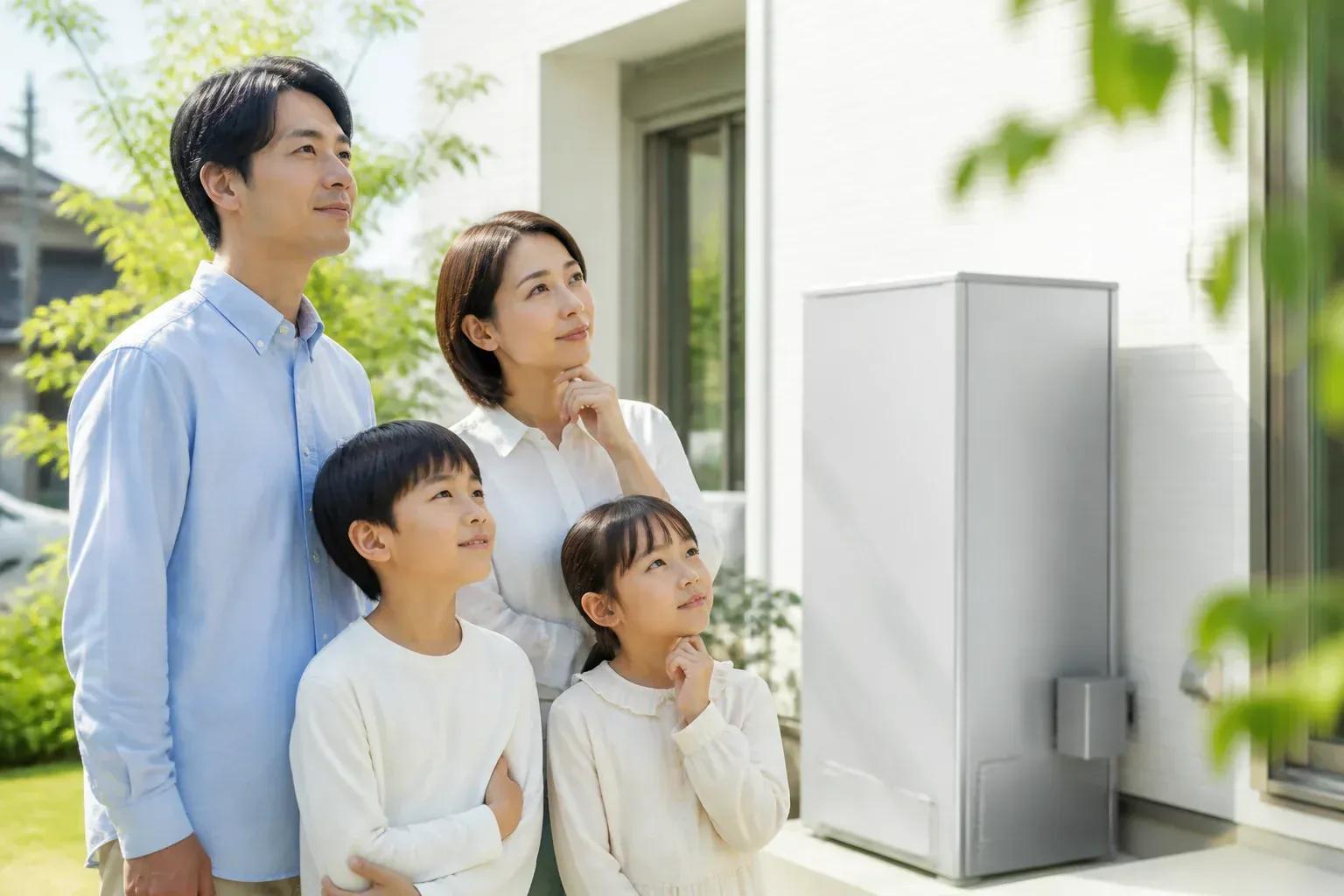 戸建て住宅に設置された家庭用蓄電池を点検する様子
