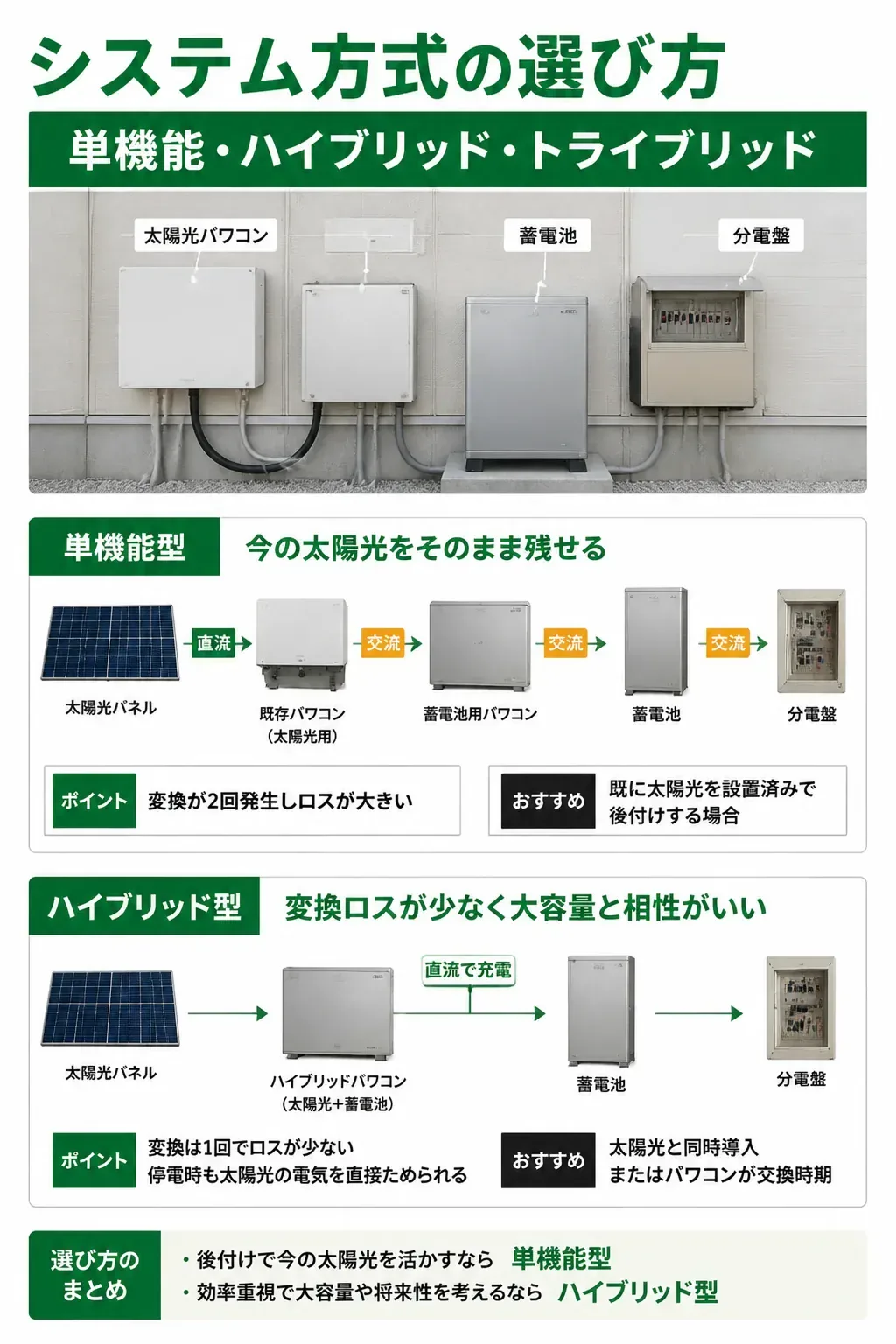 単機能型・ハイブリッド型・トライブリッド型の構成の違いを示した図解