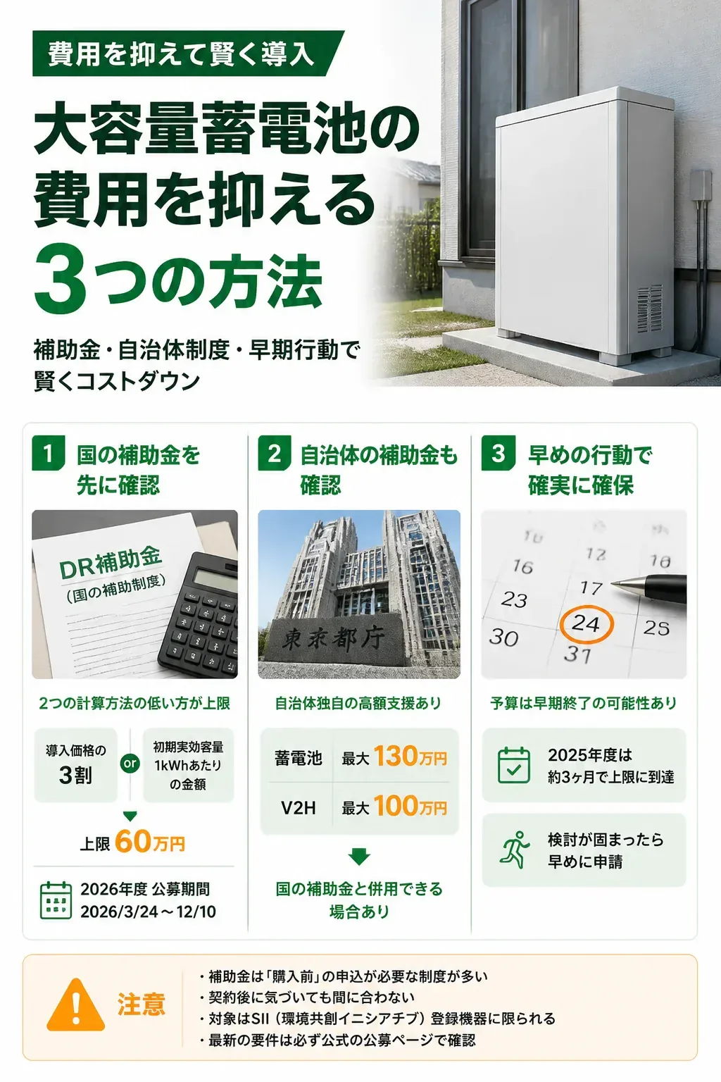 大容量蓄電池の費用を抑える3つの方法を示した図解